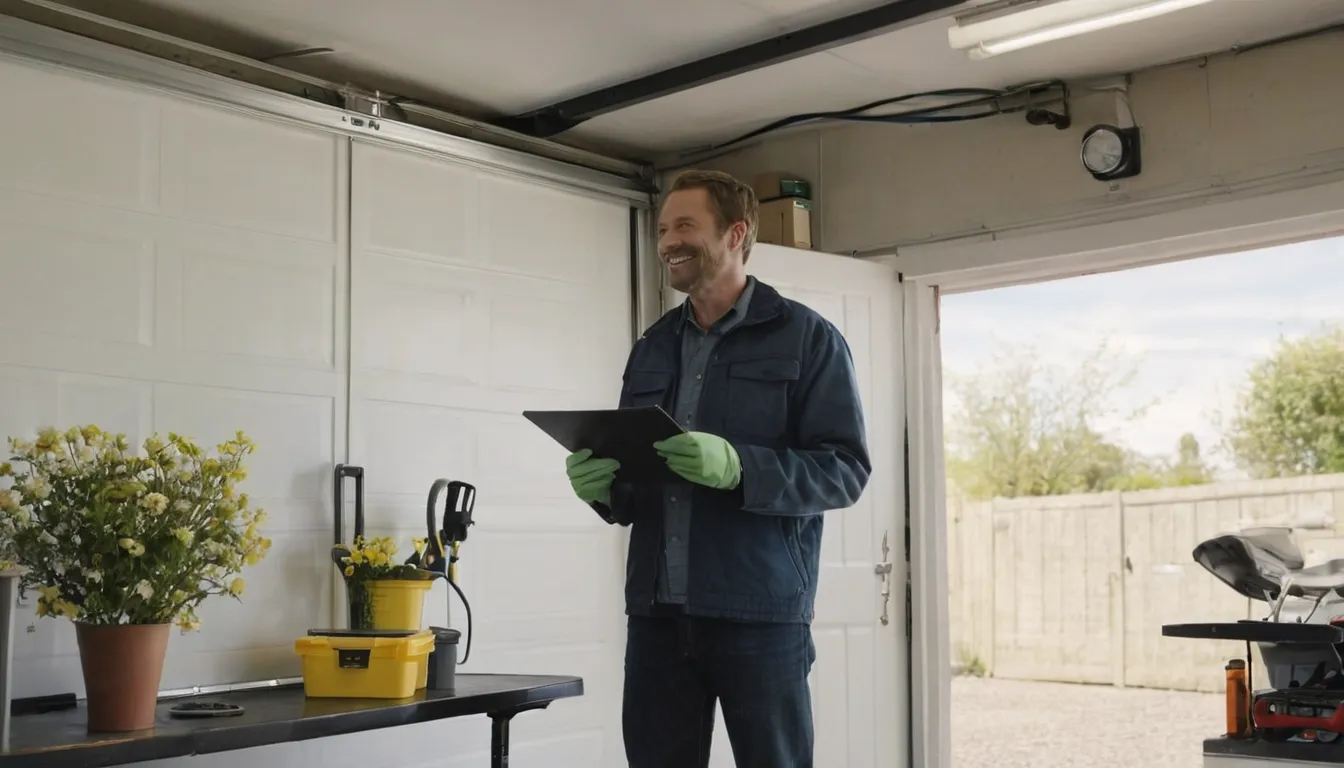 A provider checking garage door springs and tracks for a homeowner in the Lake Oswego area
