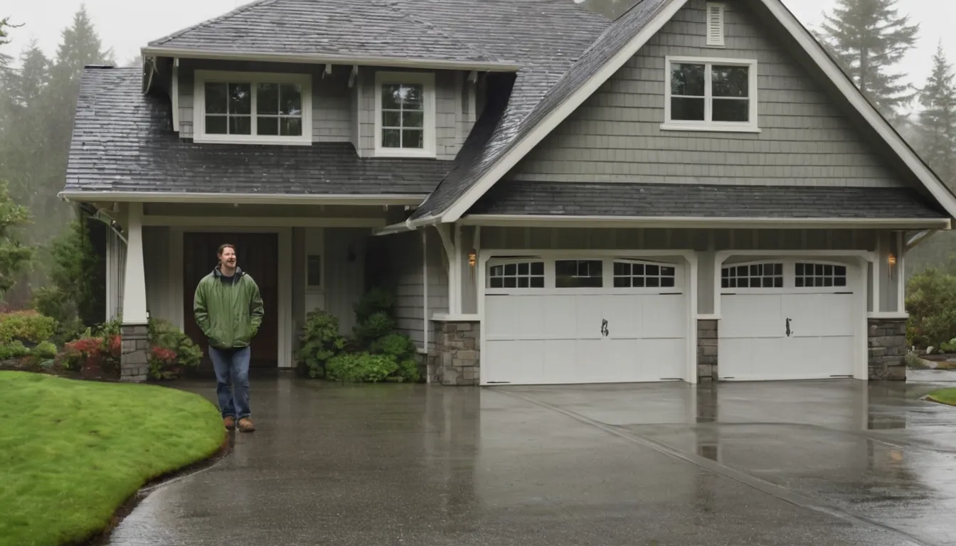 A homeowner looking at a stuck garage door on a rainy morning in Lake Oswego